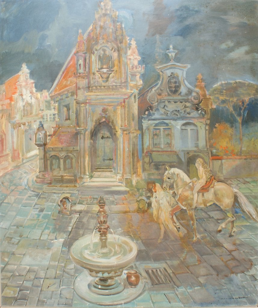 Karel Van Belle (1884-1950): Intrede te paard (O/D, 99x109cm, Antiek en Kunst, Ophalen, Gesigneerd