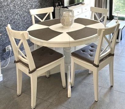uitschuifbare tafel Rosentorp (Ikea) met stoelen, Huis en Inrichting, Ophalen, Rond, Zo goed als nieuw, Vijf personen of meer