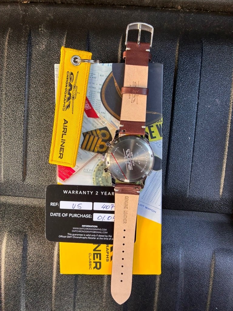 GMT airlines chronographs NEW NEVER WORN, Handtassen en Accessoires, Overige merken, Leer, Staal, Polshorloge