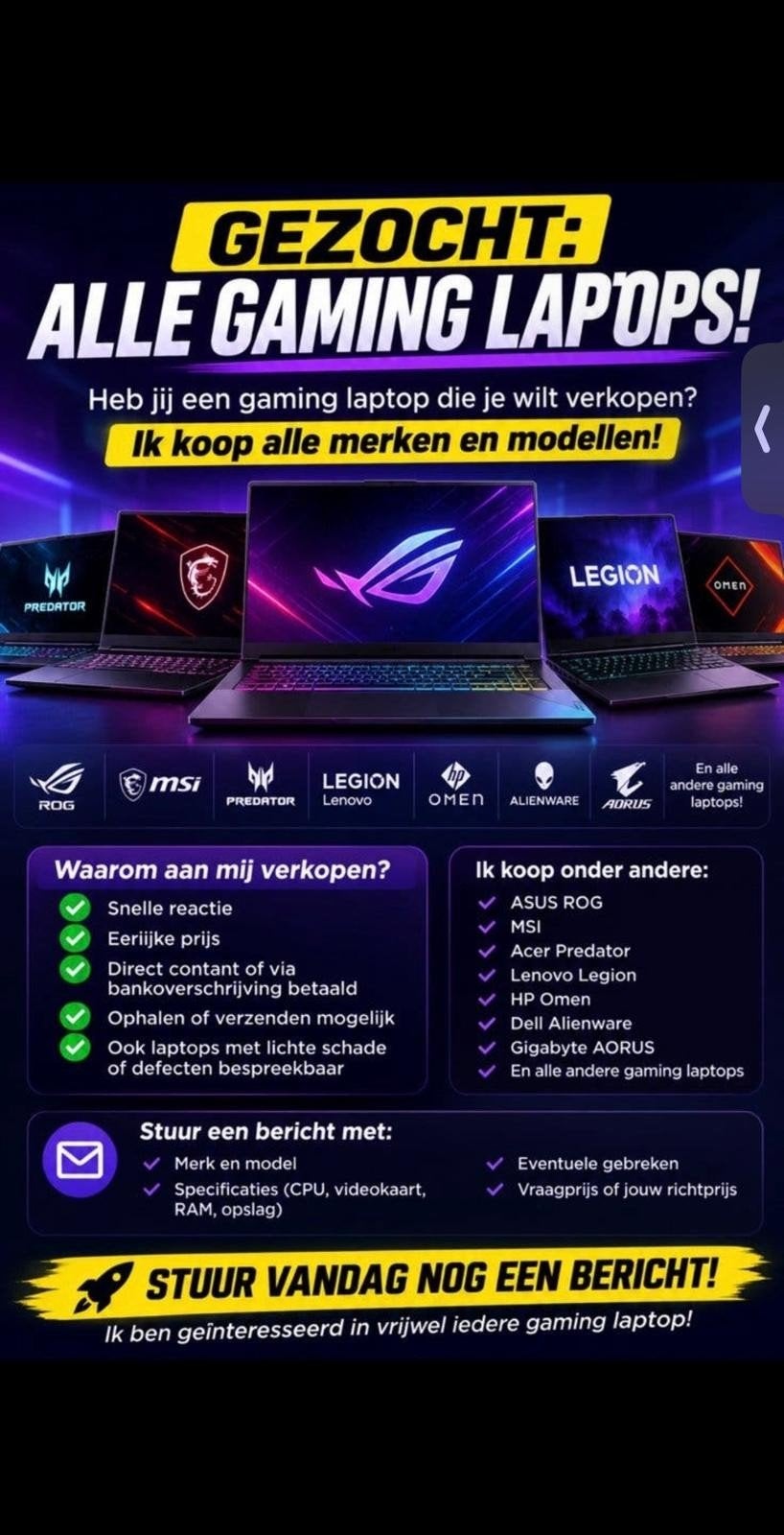 ik koop Alle Merken En Modellen gaming laptop, Computers en Software, Ophalen of Verzenden, Laptop gaming