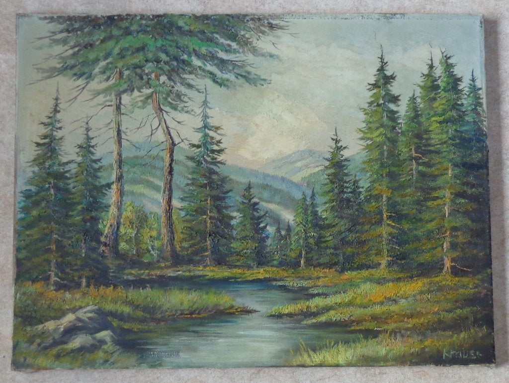 KRAUSE / BERGLANDSCHAP BOMEN / OLIEVERF / 60x80cm / CHASSIS, Ophalen, Doek, Expressionistisch, Landschap