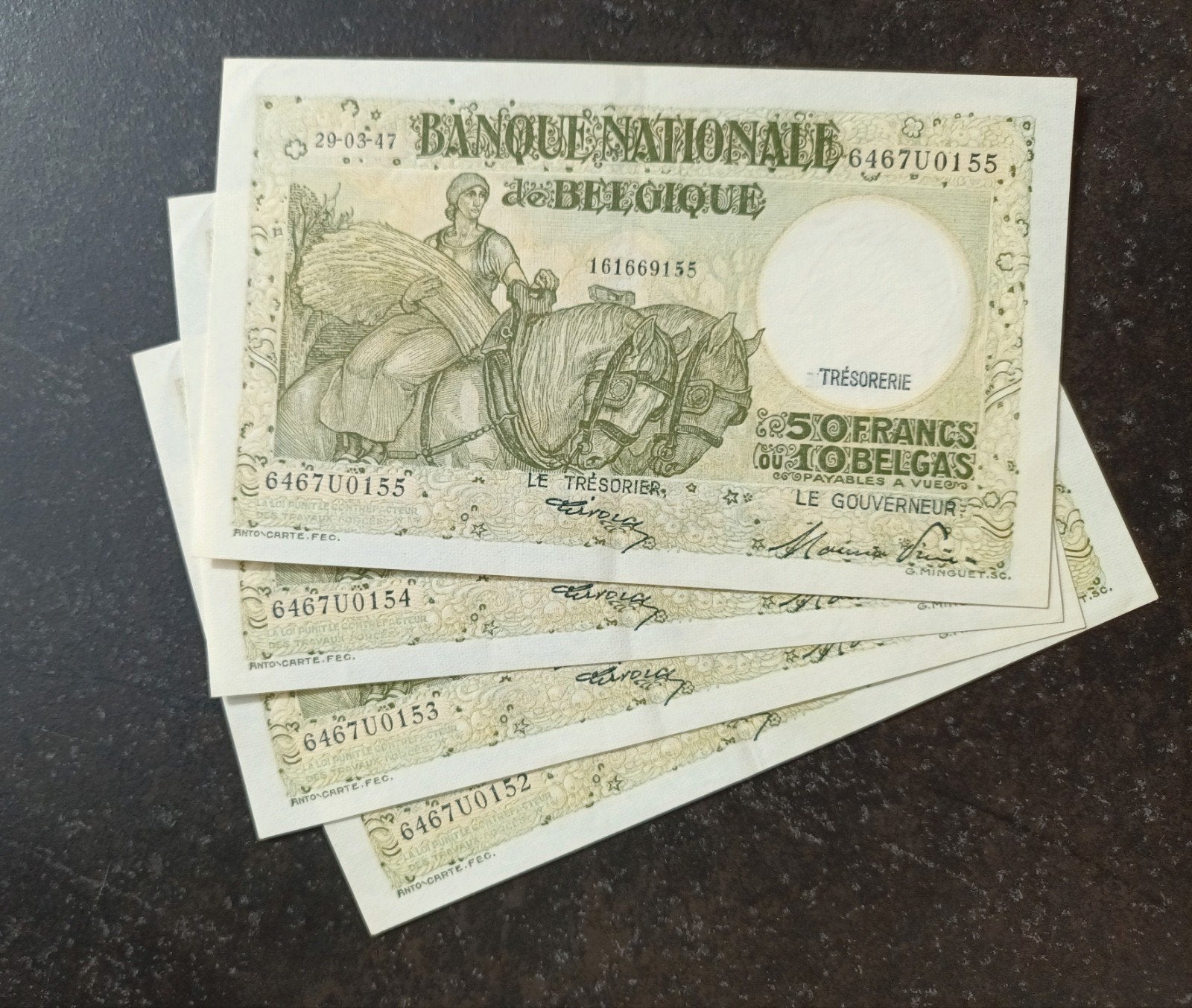 Quasi nieuwstaat 4 x 50 francs Anto Carte 1947!!, Ophalen of Verzenden, Setje
