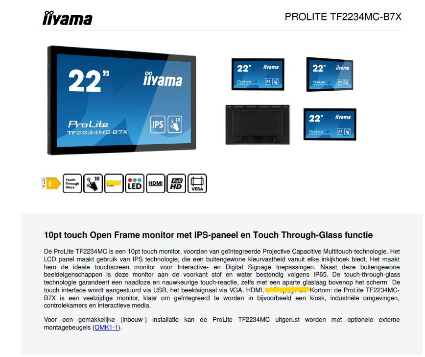 Schade monitor met touchscreen iiyama PROLITE TF2234MC, DVI, Iiyama, Touchscreen, Ophalen of Verzenden