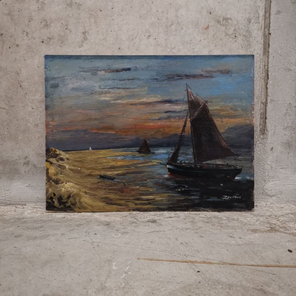 Maritiem landschap met vissersschepen bij avond, Peinture à l'huile, Paysage, Signé, Enlèvement