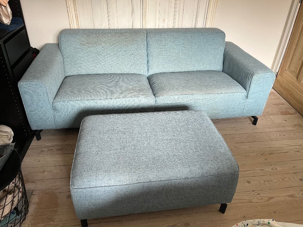 GRATIS blauwe zetel + poef, Ophalen, Gebruikt, Tweepersoons, 75 tot 100 cm