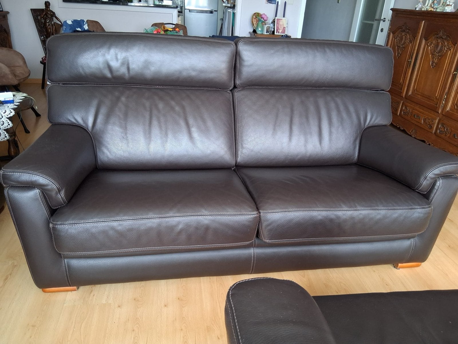 Lederen salon 3 zit + relax electrisch, Ophalen, Gebruikt, 150 tot 200 cm, Driepersoons