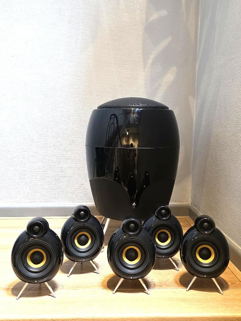 Scandyna 5.1 set – 5 MicroPod SE + MiniBass – Zwart, Gebruikt, 70 watt of meer, 5.1-systeem, Ophalen