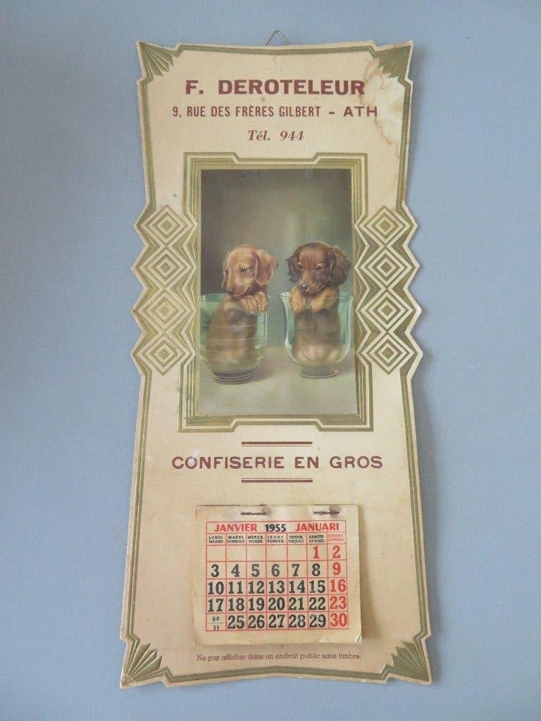 Reclame kalender F. Deroteleur confiserie ATH 1955 hondjes, Verzamelen, Verzenden, Zo goed als nieuw, Reclamebord