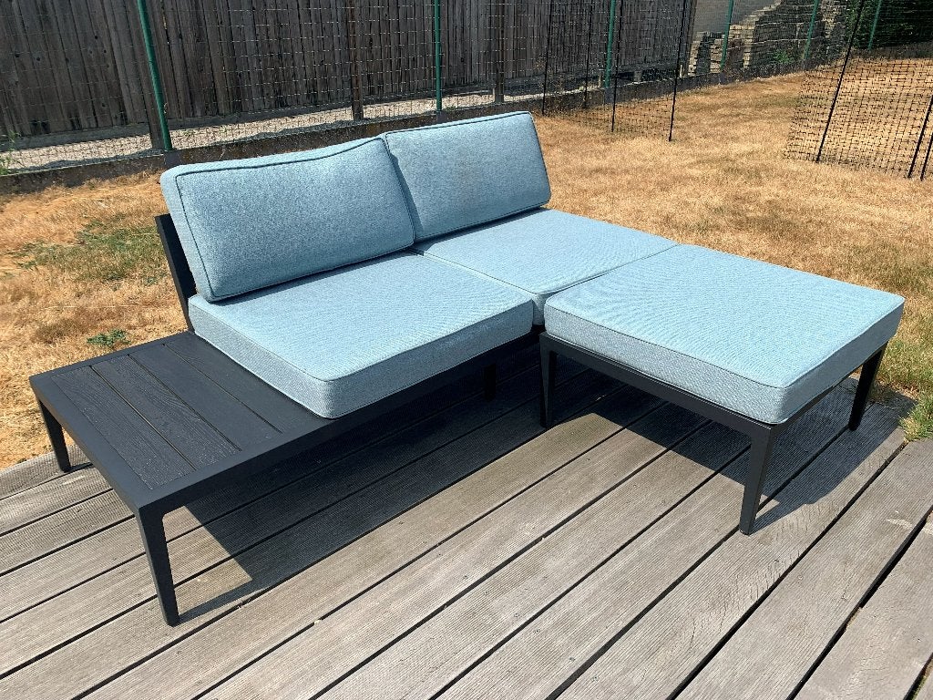 BRAFAB tuin lounge, bank met voetenbank, lichtblauw, Tuin en Terras, Ophalen, 3 zitplaatsen, Aluminium, Zo goed als nieuw