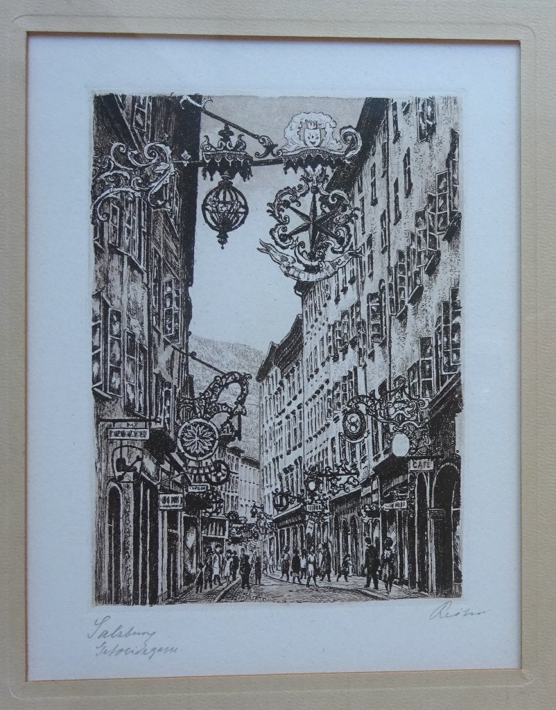ets - Getrudegasse Salzburg, onbekende meester, Eau-forte, Enlèvement ou Envoi, 1950 - 1999, 17 cm