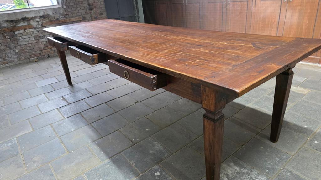 Authentieke franse boerentafel- 300x97x80 met 3 schuifladen, Enlèvement
