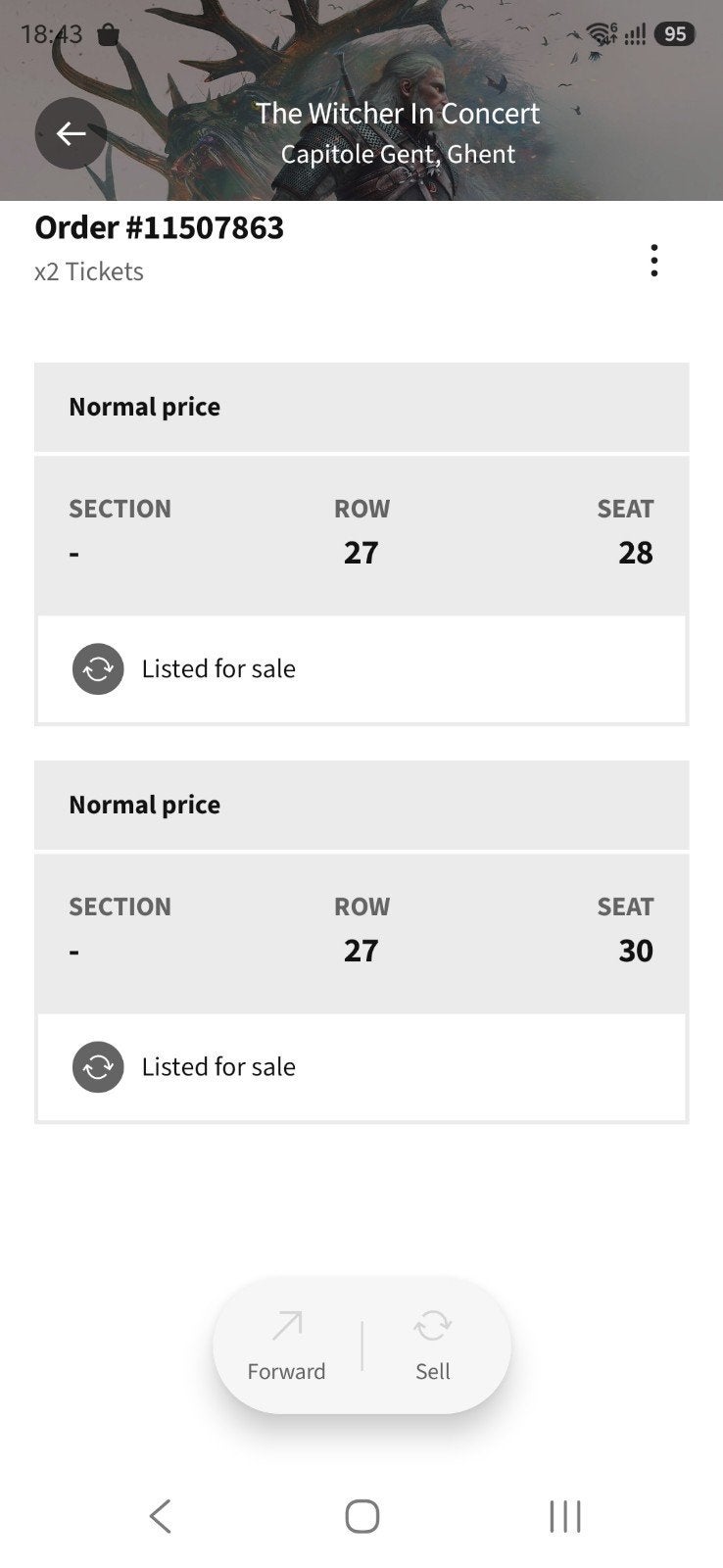 2x Tickets: The Witcher In Concert at Capitole Gent (Row 27), Tickets & Billets, Novembre