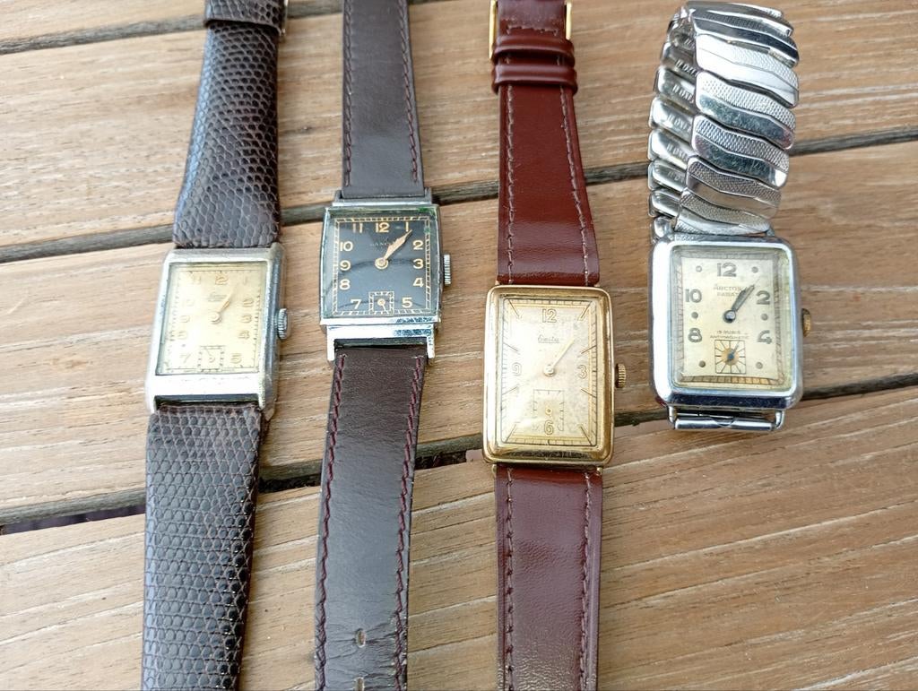 Vintage Art Deco 'tank' horloges, Ophalen of Verzenden, Polshorloge, Met bandje, 1930 tot 1960