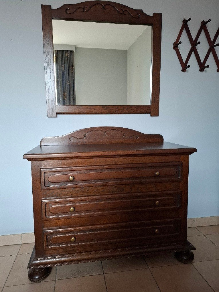 commode, 2 nachtkastjes en spiegel in eik, Huis en Inrichting, Ophalen
