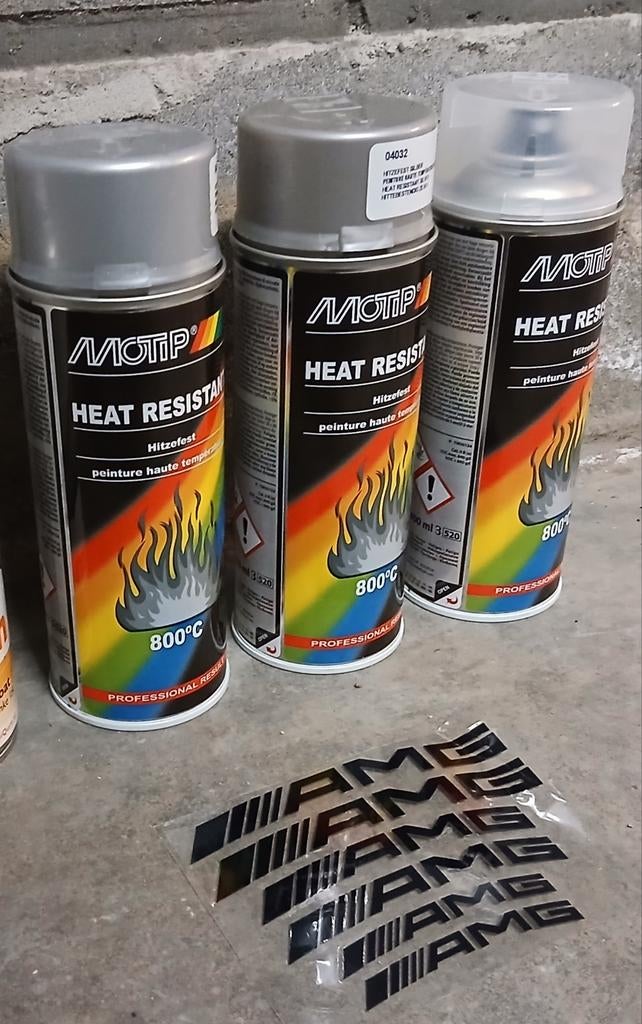 Zilver hitte bestendig verf spuitbussen, vernis amg stickers, Ophalen of Verzenden