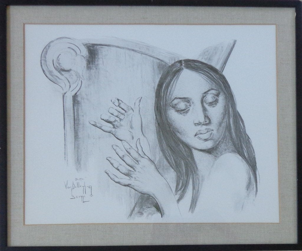 AIME VAN BELLEGHEM / HARPISTE / ZW-W OFFSET / 52x62cm KADER, Ophalen of Verzenden