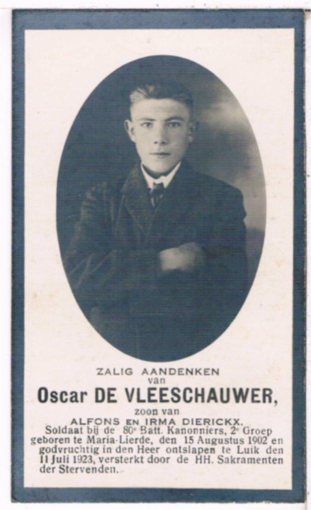 Sold. De Vleeschauwer Oscar. ° Maria-Lierde 1902 † Luik 1923, Verzamelen, Bidprentjes en Rouwkaarten, Ophalen of Verzenden, Bidprentje