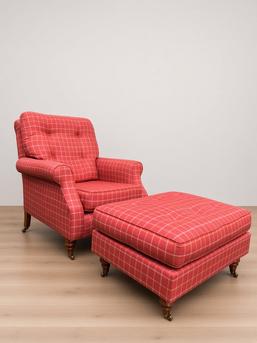 Howard stijl fauteuil + hocker rode ruitstof – complete set, Ophalen