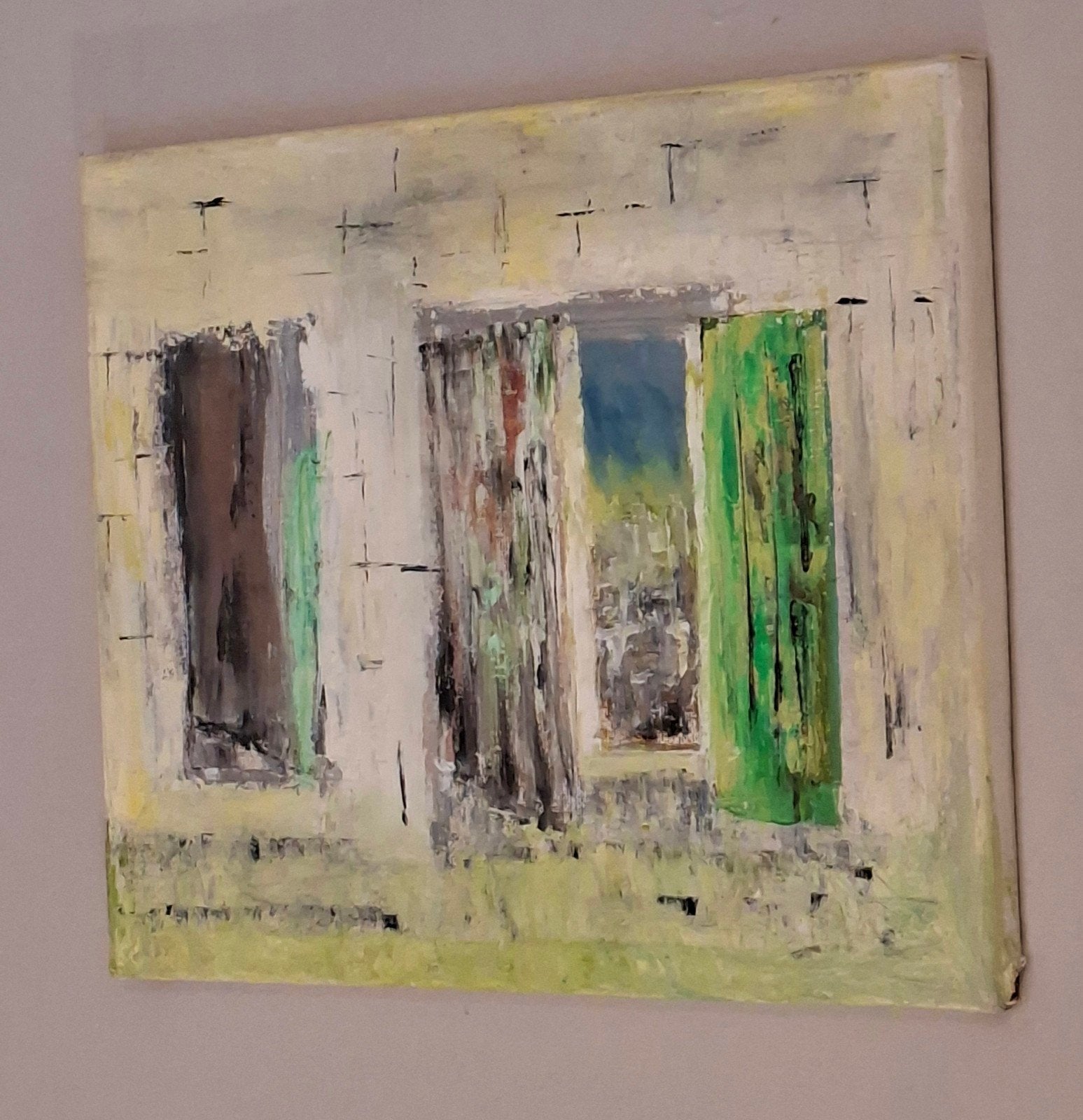 Rustieke gevel met levendige mos – Origineel schilderij, Antiek en Kunst, Ophalen of Verzenden