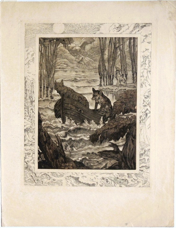 Maurice de Becque ets "Wolven in Bootje op Woeste Beek", Antiek en Kunst, Ophalen, Ets, Origineel, Flora en Fauna