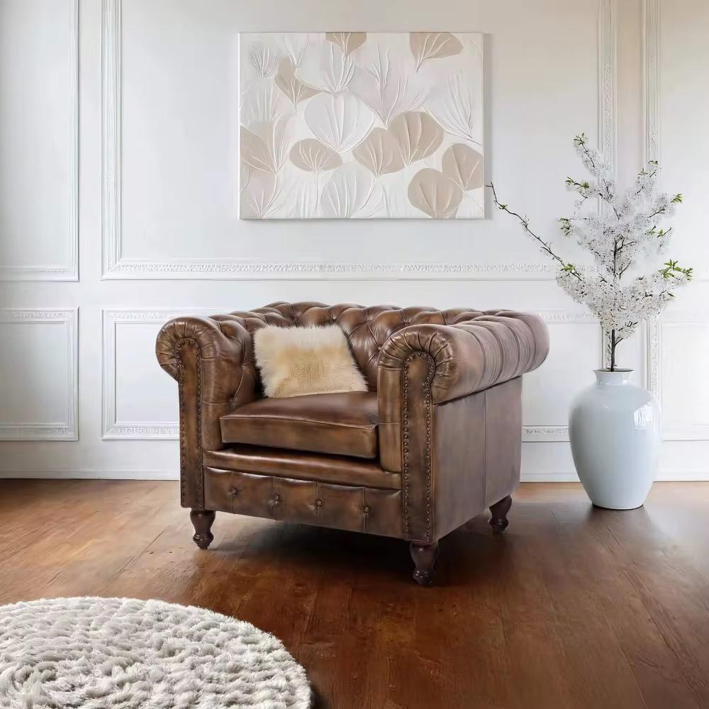 Chesterfield stoel - Vintage Design Fauteuil, Huis en Inrichting, Fauteuils, Nieuw, Hout, Leer, 100 tot 125 cm, 75 tot 100 cm