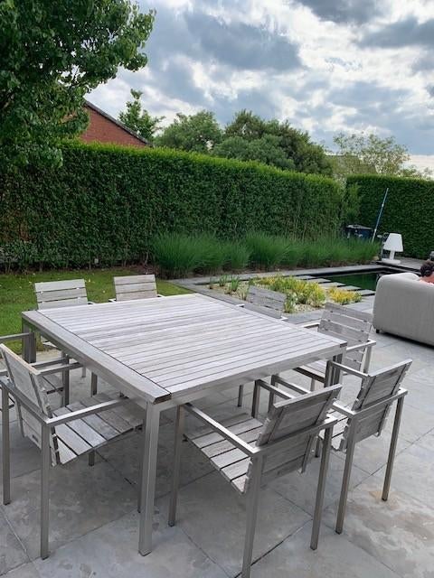 Tuinset design Tribú natal te koop (8 stoelen en 1 tafel), Ophalen, Gebruikt, Hout, Stapelbaar