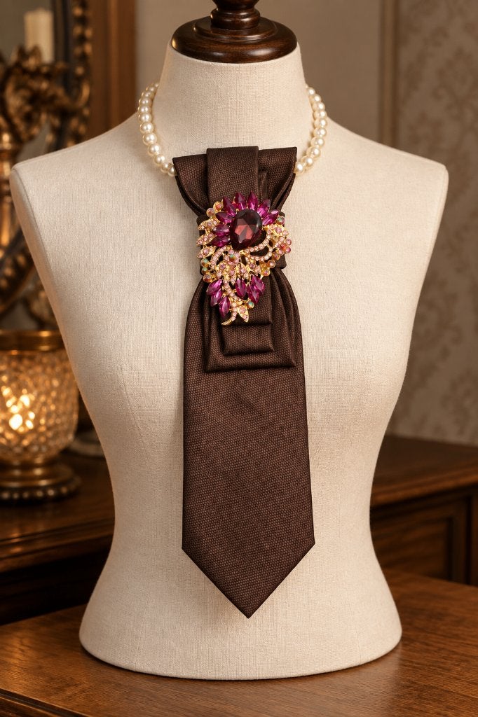Exclusieve stropdas ketting dames – uniek statement sieraad, Handtassen en Accessoires, Verzenden, Zo goed als nieuw, Bruin, Overige materialen