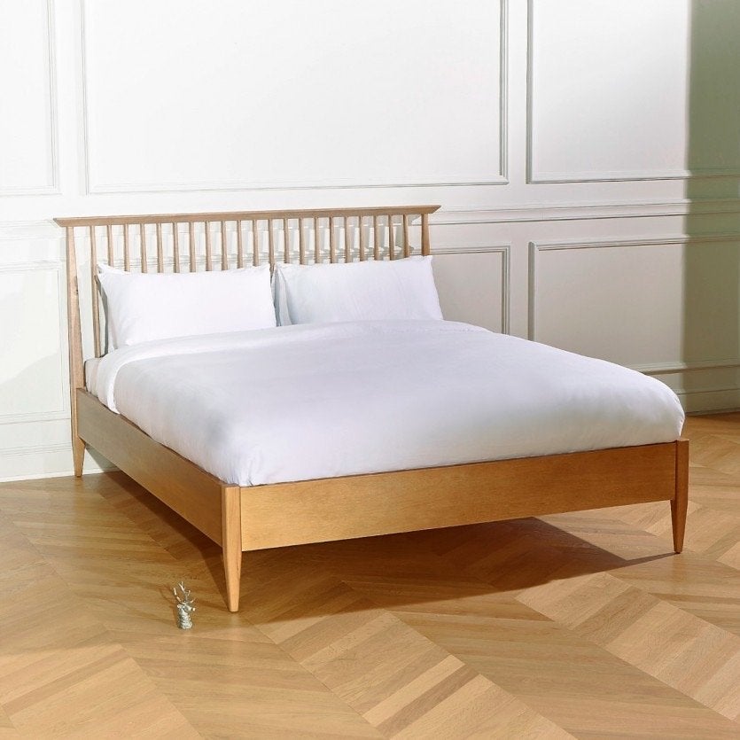 Tweepersoonsbed met spijlen, massief hout (140x200), Ophalen, Hout