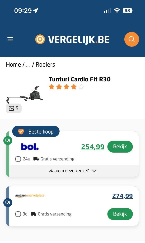 TUNTURI CARDIO R30. zo goed als nieuw, Ophalen, Zo goed als nieuw, Aluminium, Roeitrainer