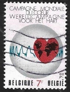 1 Postzegel België 1972 Wereldcampagne voor het Hart, Oblitéré, Enlèvement ou Envoi, Affranchi, Timbre-poste
