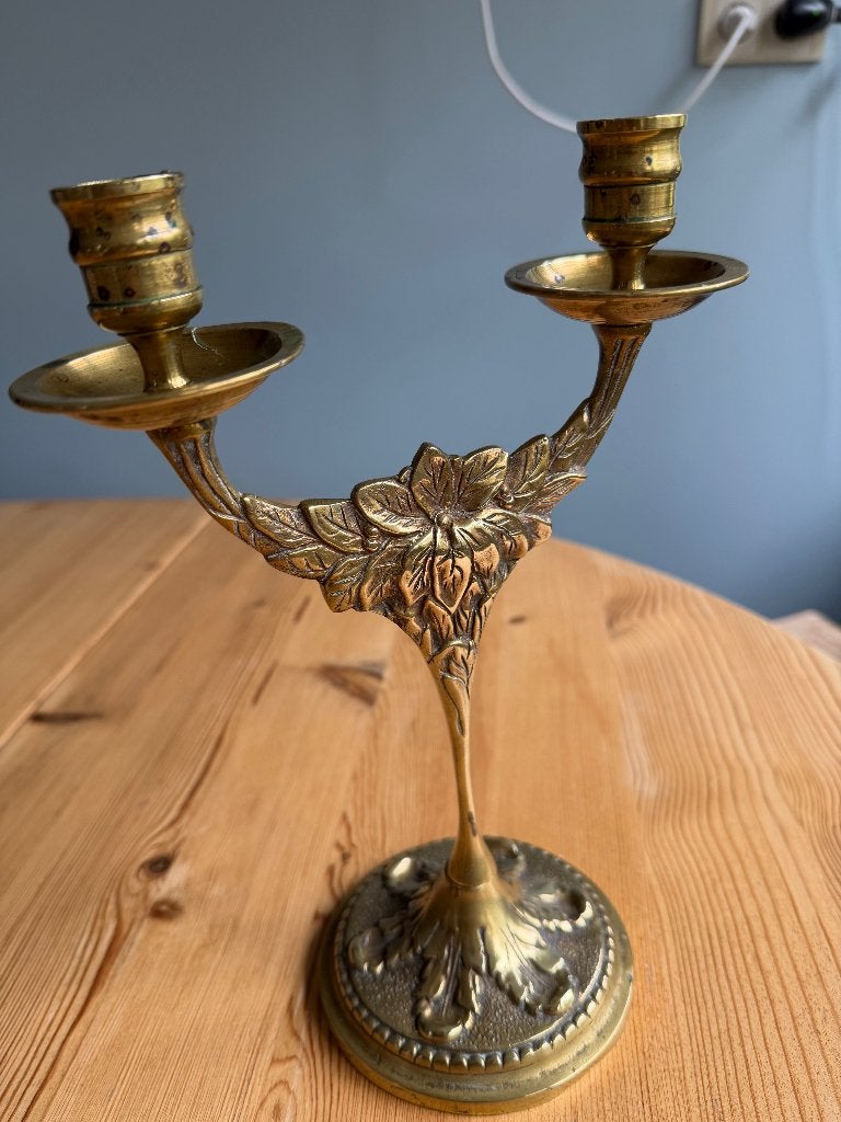 Chandelier Candélabre ancien Art Nouveau laiton (2 branches), Antiquités & Art, Enlèvement ou Envoi, Cuivre ou Bronze
