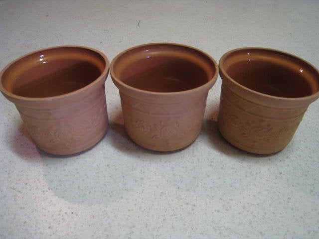 3 bloempotten, H13xD15,5cm. Terracotta + geglazuurdbinnnen, Tuin en Terras, Bloempotten, Ophalen, Terracotta, Binnen