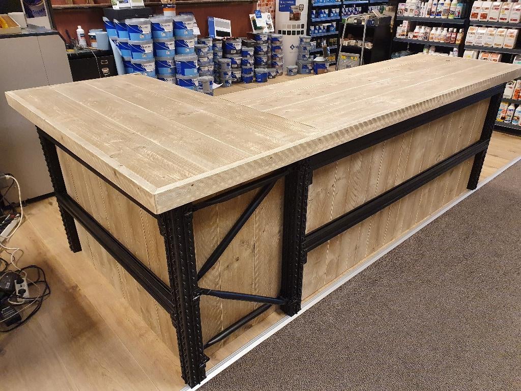 Industriele toonbank van steigerhout met uniek stalen frame, Ophalen, Nieuw in verpakking, Inrichting