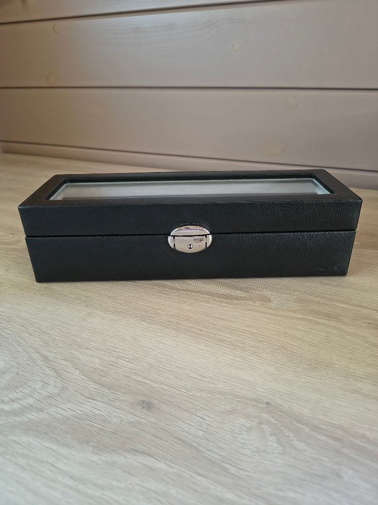 Horlogebox voor 6 horloges in kunstleder met glas, Ophalen of Verzenden, Zo goed als nieuw