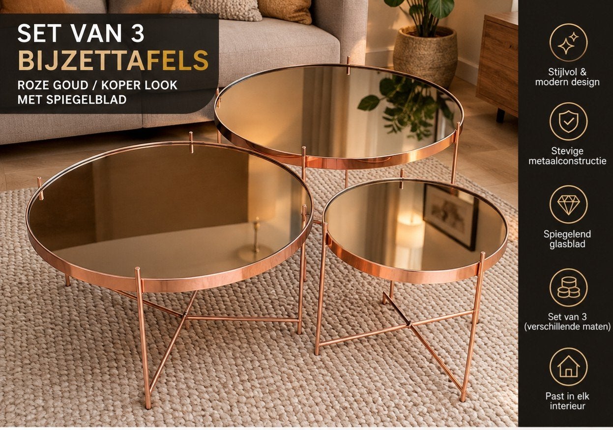 Set van 3 Zuiver design bijzettafels – koper/roségoud met sp, Huis en Inrichting, Ophalen, Zo goed als nieuw, Rond, Glas