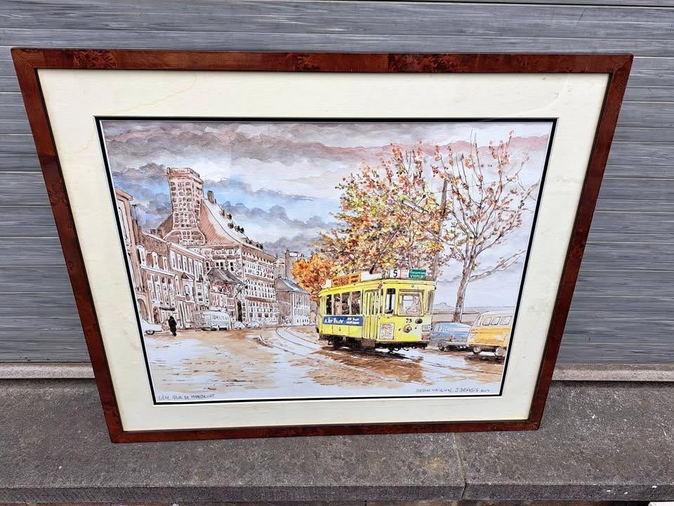 dessin aquarelle liege quai de maastricht signe jean dengis, Antiquités & Art, Art | Peinture | Classique, Enlèvement ou Envoi