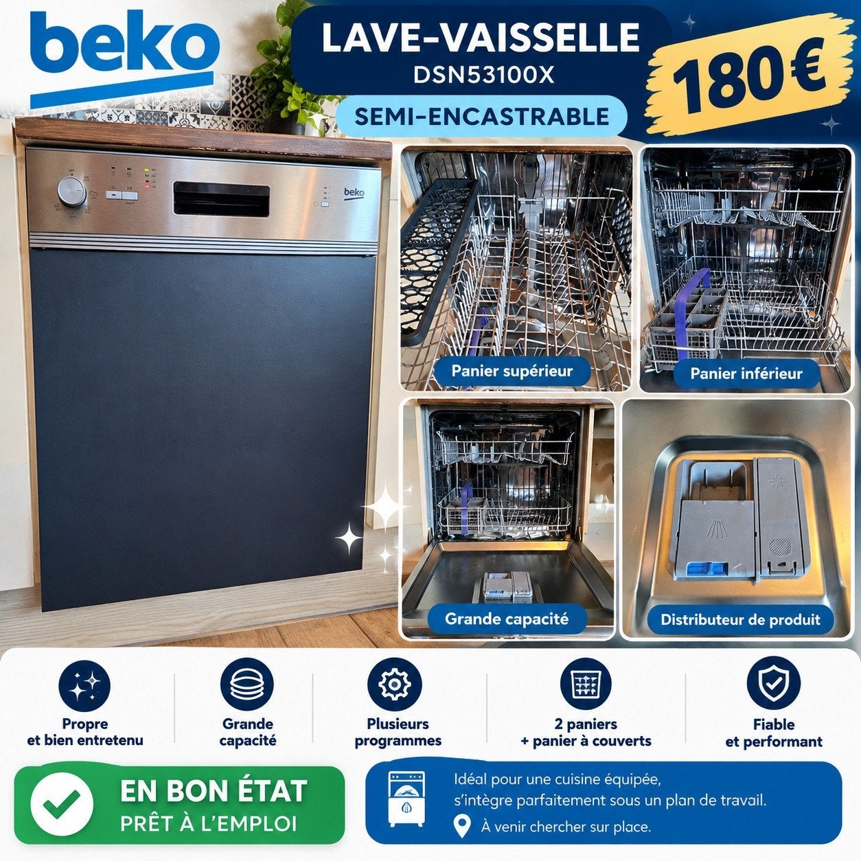 Lave-vaisselle Beko DSN53100X – Semi-encastrable, 85 à 90 cm, Encastré, Enlèvement, Utilisé