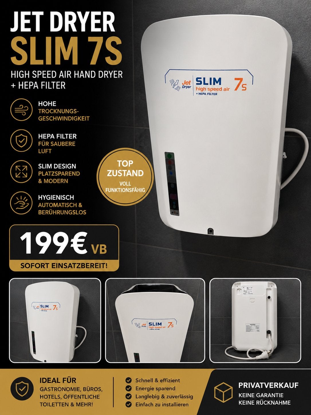 Jet Dryer SLIM 7S – High Speed Hand Dryer mit HEPA-Filter, Verzenden, Zo goed als nieuw