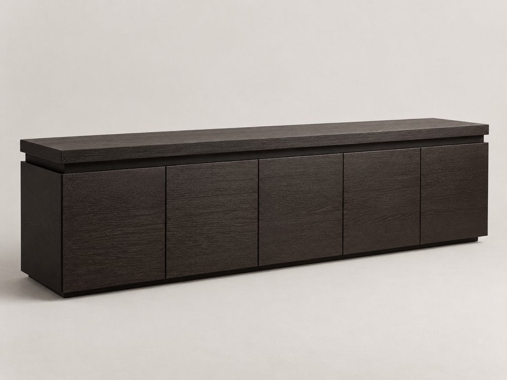 Handgemaakt dressoir in gezandstraalde zwarte eik – 241,5 cm, Huis en Inrichting, Ophalen, Met lade(s), Zo goed als nieuw, 200 cm of meer