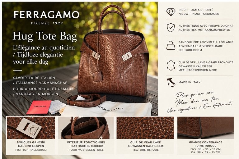 Ferragamo Hug Tote Bag – cuir de veau – neuf/jamais porté, Enlèvement, Neuf, Brun, Autres types