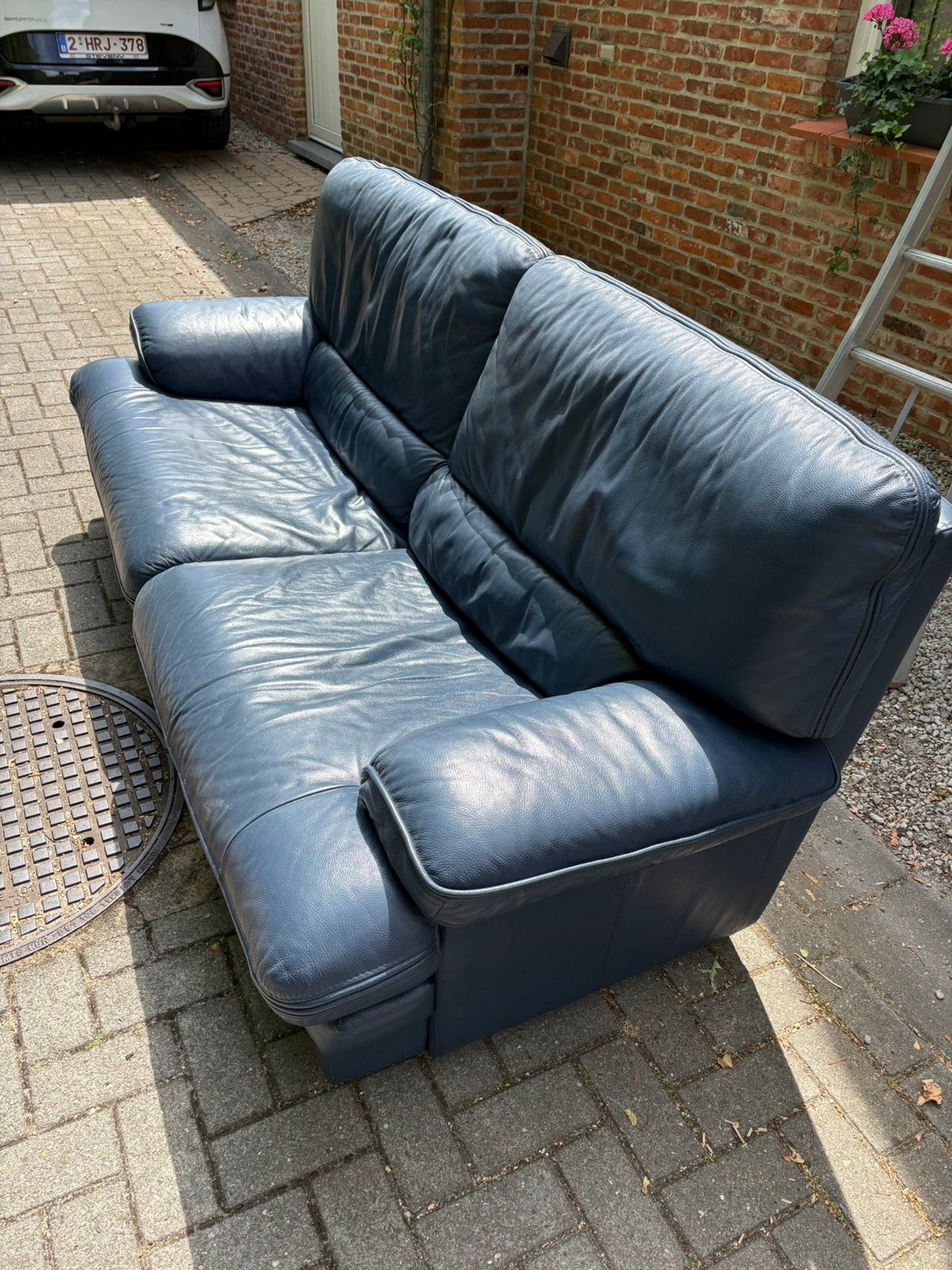 Canape cuir 3 places bleu, Enlèvement, Comme neuf, Cuir