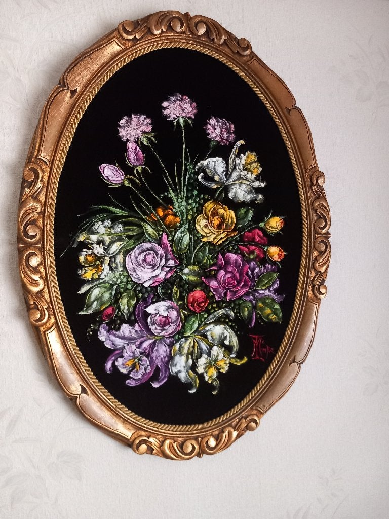 Vintage bloemenschilderij op zwart fluweel, Antiek en Kunst, Kunst | Schilderijen | Klassiek, Bloemen, Vintage, Olieverf, Doek