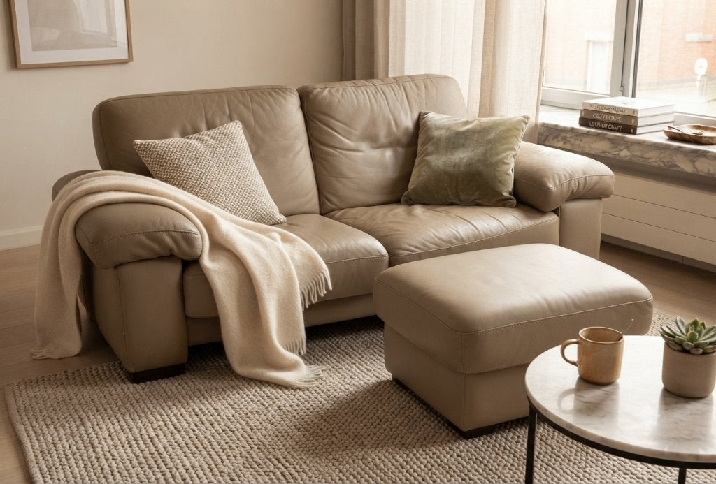 Chaise biplace confortable en cuir avec pouf, 75 à 100 cm, Relax, Enlèvement, Utilisé