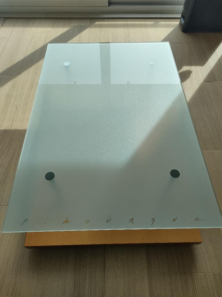 salontafel op wieltjes,design P. Mourgue In hout en glas, Huis en Inrichting, Ophalen, Gebruikt, Rechthoekig, Glas