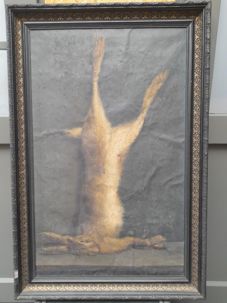 Antiek schilderij, jacht trofee, haas, studie 1896, Antiek en Kunst, Ophalen