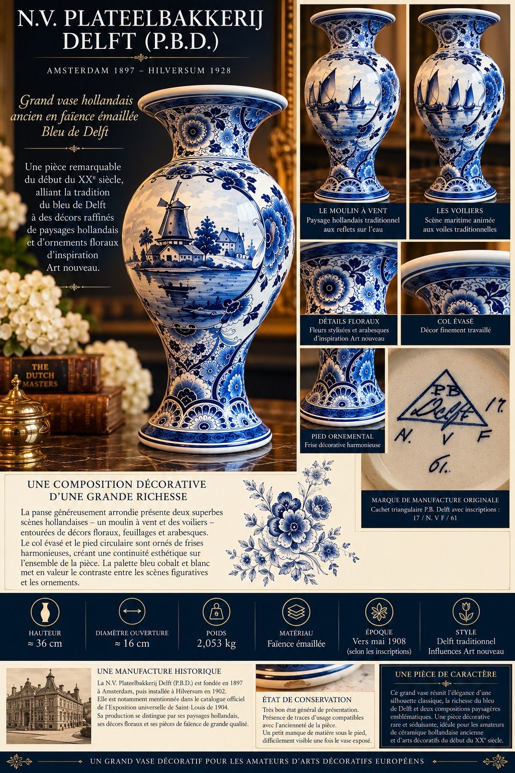 Grand vase P.B. Delft – N.V. Plateelbakkerij Delft – 1908, Antiquités & Art, Enlèvement ou Envoi