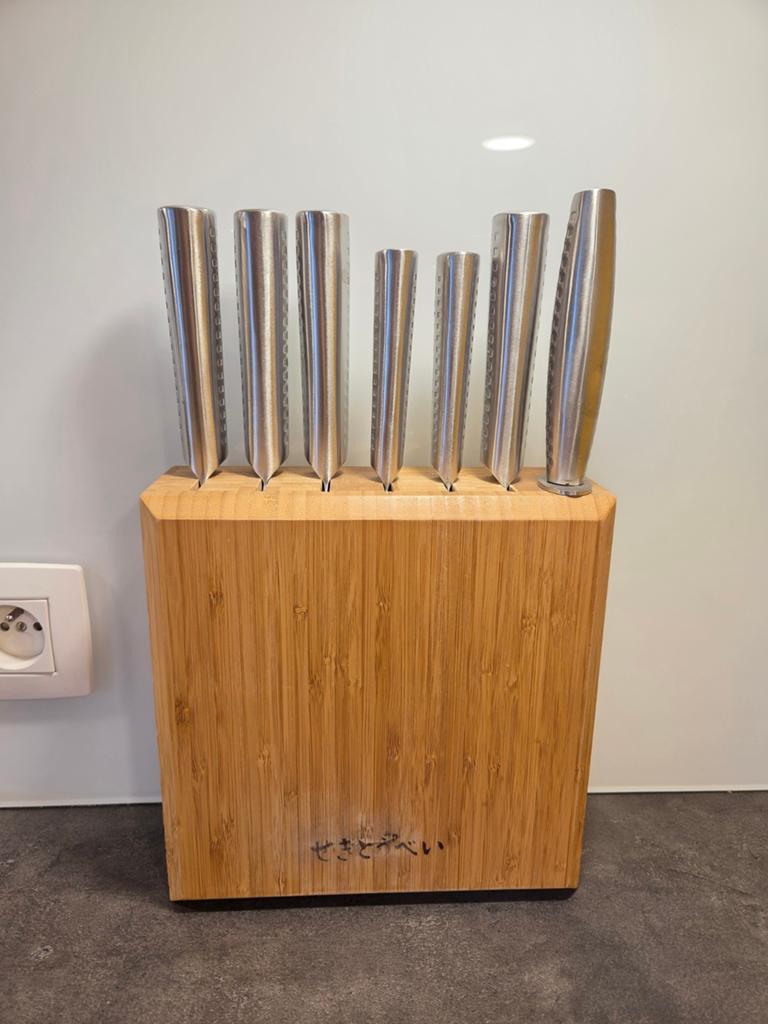 Seki Toubei Bloc Couteaux Cuisine Japonais Inox Bois Bambou, Trancheuse, Enlèvement, Utilisé