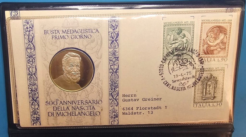 Luxe Zilveren Medaille-Eerstedagsenvelop Michelangelo, Timbres & Monnaies, Enlèvement ou Envoi, Argent