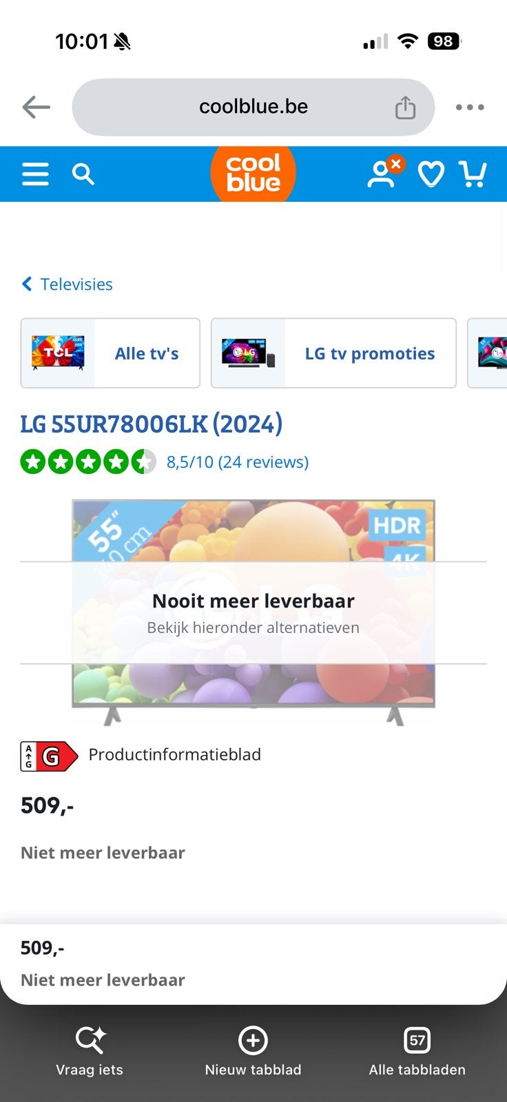 LG 55” 55UR78006LK (2024) 4K Smart TV, Ophalen, LED, 50 Hz, Nieuw
