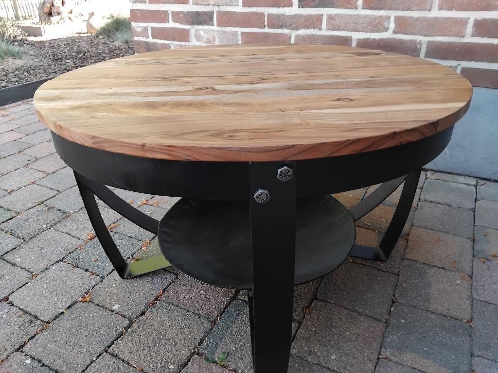 salontafel rond massief hout en zwart staal, Ophalen, Zo goed als nieuw